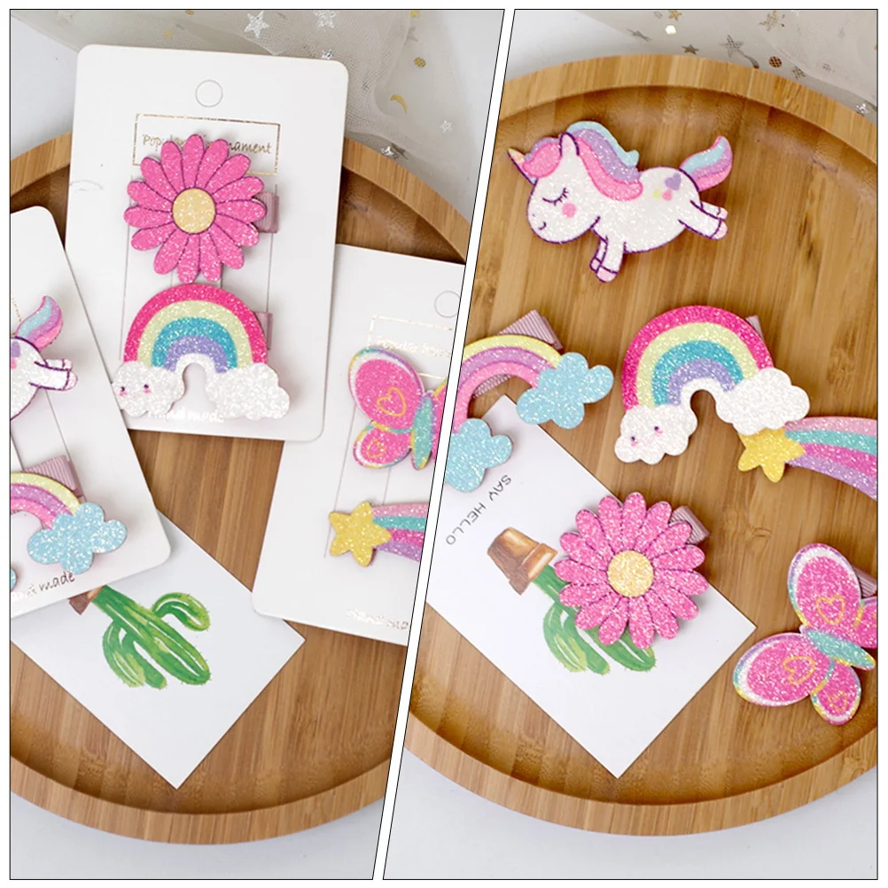 6개 반짝이 머리핀 유니콘 만화 사이드 클립 헤어핀 파티용 헤어 액세서리