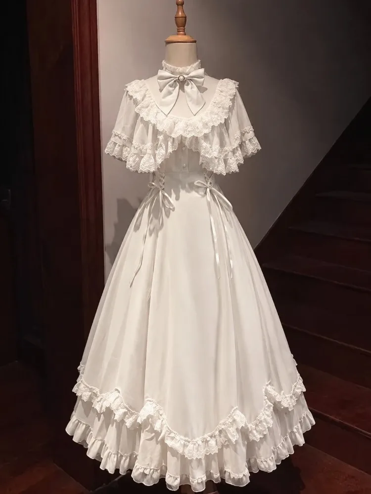 Vintage Weißes Lolita-Kleid mit Umhangschal, Spitzenrüschen, Schleife, hohem Kragen, viktorianisches Prinzessinnenkleid, langes Kleid für Damen, elegantes Partykleid, neu.