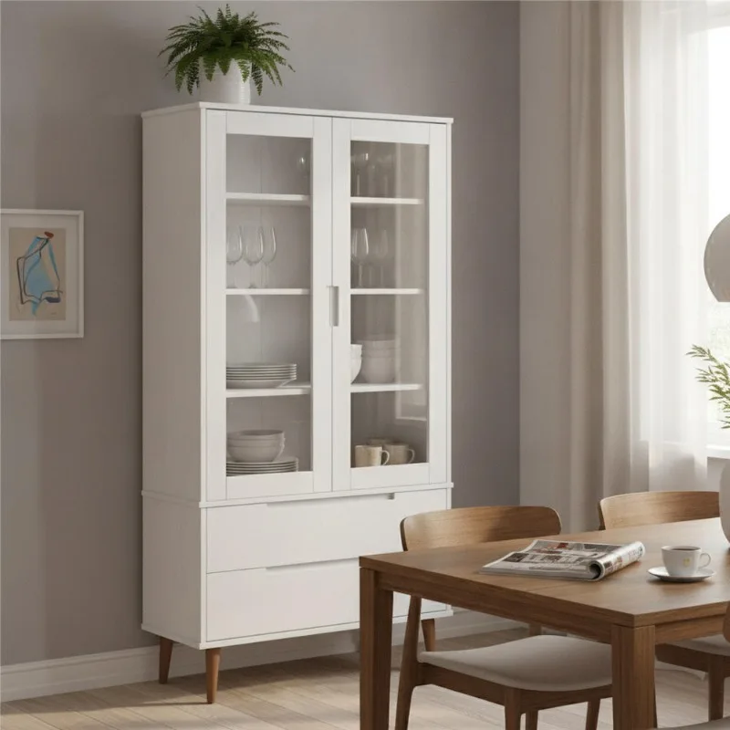 Armoire vitrine en pin massif 90 x 35 x 175 cm, finition vernis UV, design scandinave, deux tiroirs et quatre compartiments, portes vitrées, rangement pratique pour salon, appartement, studio