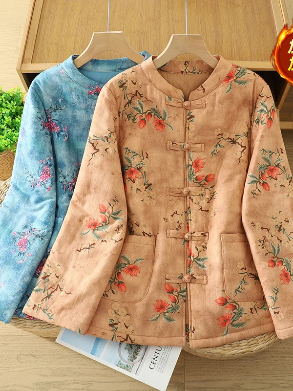 

Новая китайская женская зимняя утепленная куртка из хлопка с цветочным принтом, воротником-стойкой, на пуговицах, повседневная, в художественном стиле
