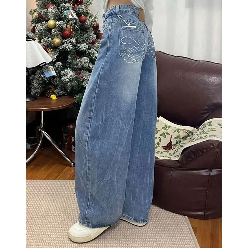 Jeans Retrò con Stampa di Lettere in Cristallo per Donne, Pantaloni in Denim a Vita Alta Stile Coreano, Pantaloni Larghi Chic e Brillanti