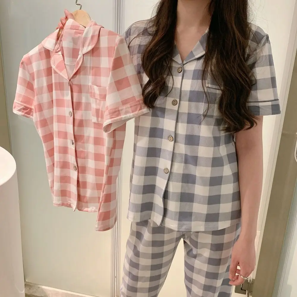 

Корейский стиль, пижамный костюм в сетку с короткими рукавами и v-образным вырезом, облегающие топы, брюки, ночная рубашка, женская одежда для сна, летние пижамные комплекты из двух предметов