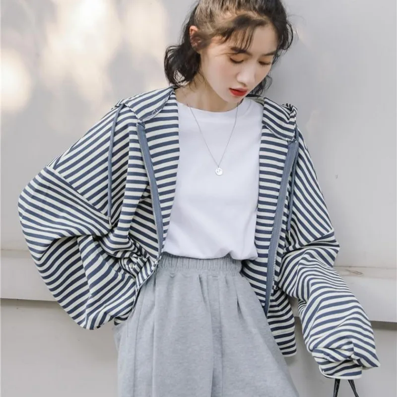 Striped Hooded Hoodies Women Fashion Autumn New Baggy Students Baseball All-match Korean Style Youthful Streetwear Harajuku Ins