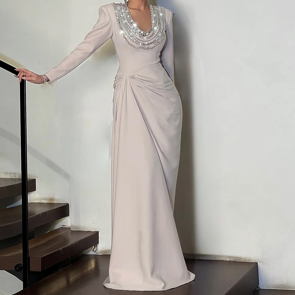 Robe de soirée trapèze personnalisée, longueur au sol, col rond, manches longues, robe de bal, mode cristal, Simple, plissée, drapée