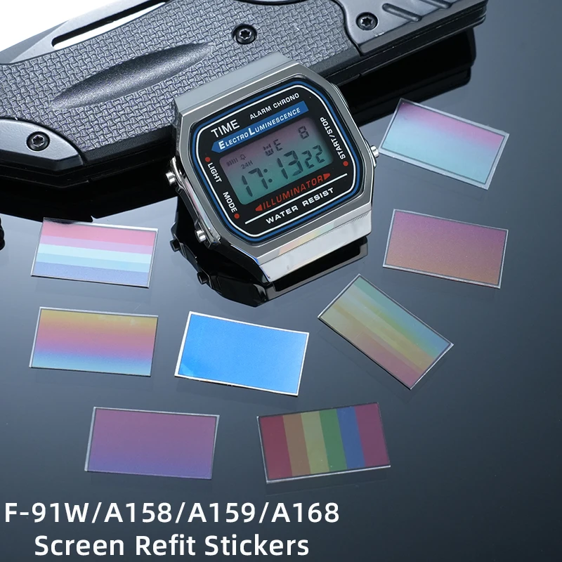 F-91W DIY Screen Stickers&Stainless Steel  Case For CASIO 593 movement F91 A158 A159 colorful Stickers Mod kit screen color film