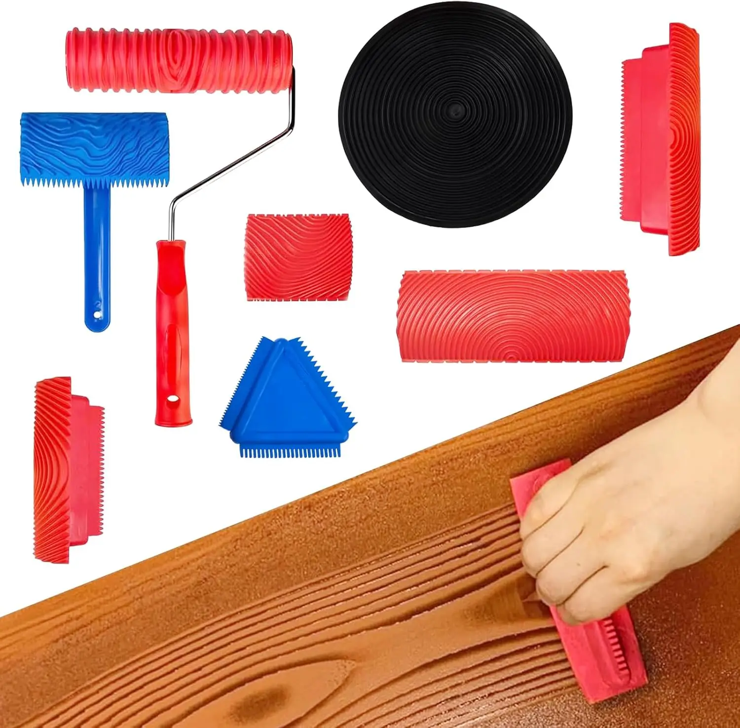8 Pcs Wood Grain Painting Tool Set Wood Grain Roller Tools with Handle for Floors Decks Furniture Wall Room Art Paint Decoration