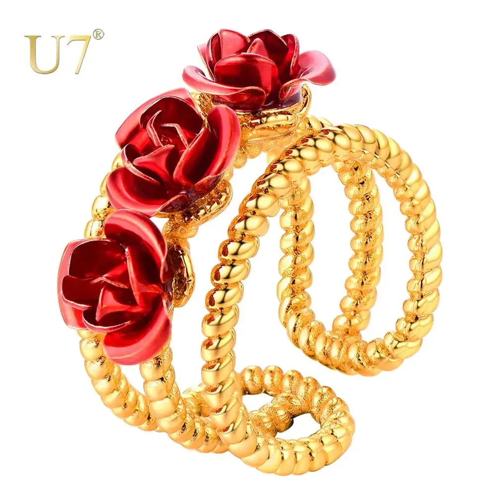 U7 3D Red Rose Flower Ring for Women Wedding Engagement Party Gifts Open Ring Elegant Jewelry QC24