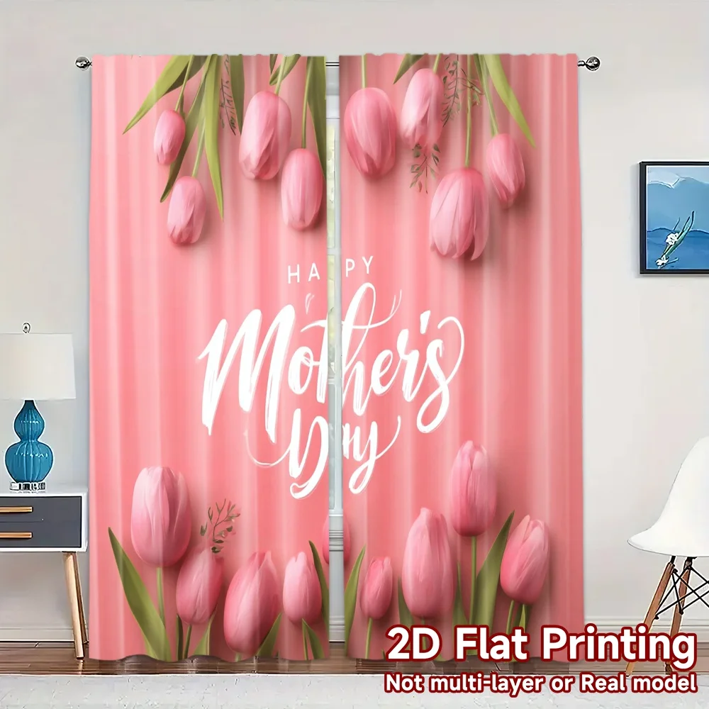 2pcs, 2D FLAT PRINTING Curtains (Without Rod) Tulip Mothers Day Popular Curtains Versatile 100% Polyester Curtains Thermal