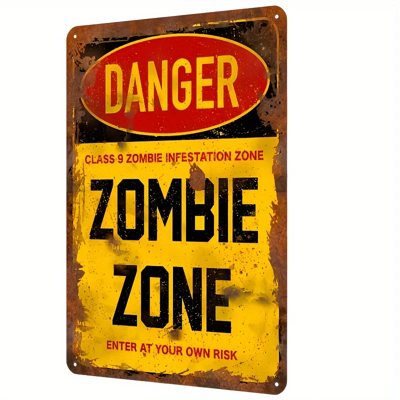 Zombie Zone Danger Sign - Rustic Metal Wall Decor for Bar, Garage, Conference Room, or Entertainment Area -  , Iron Material, R