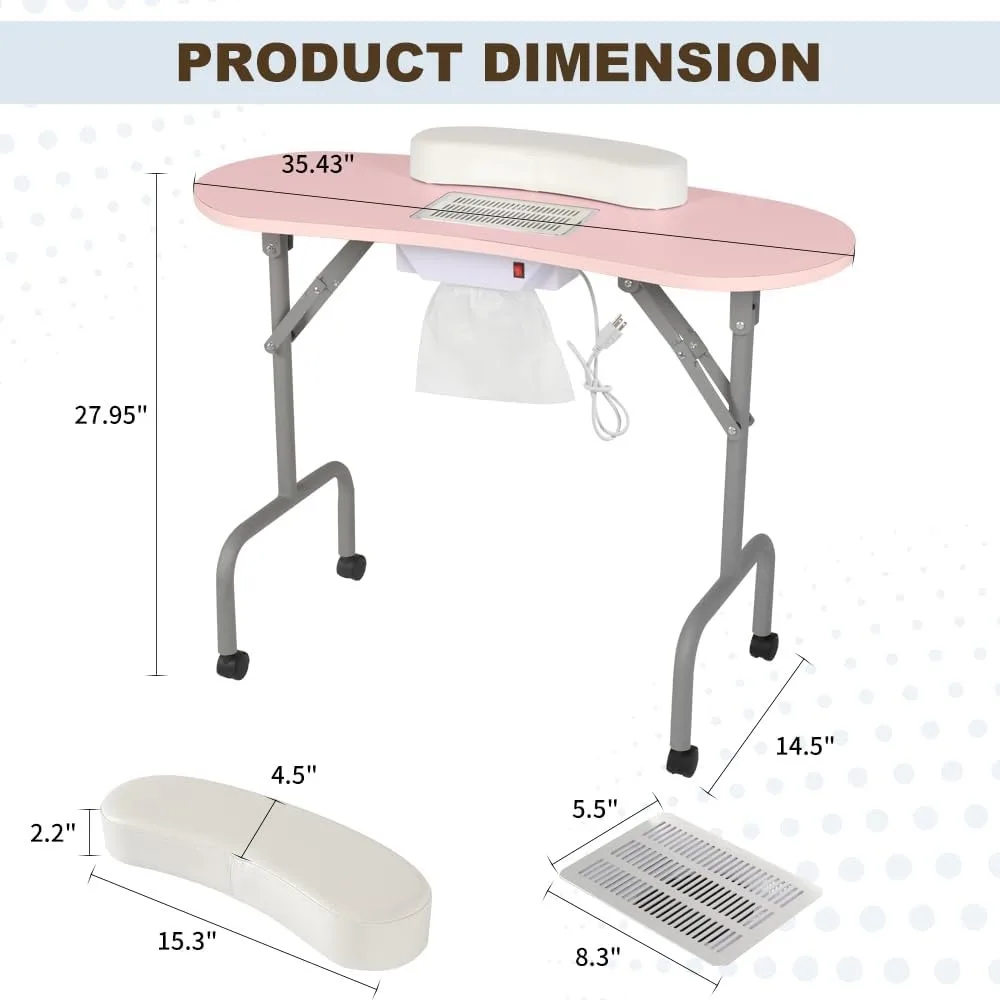 Portable Manicure Table with Charging Station & Dust Collector, Foldable Nail Tech Table with Wrist Pad 4 Lockable Wheels