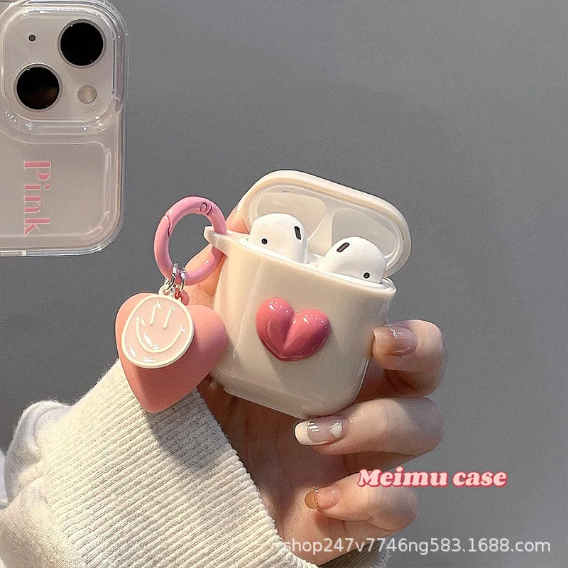 Cute 3D Heart Love Silicone Earphone Accessories Case For Airpods 3rd For Airpods 1 2 Pro2rd Cover Creative Smile Ornament Keyri