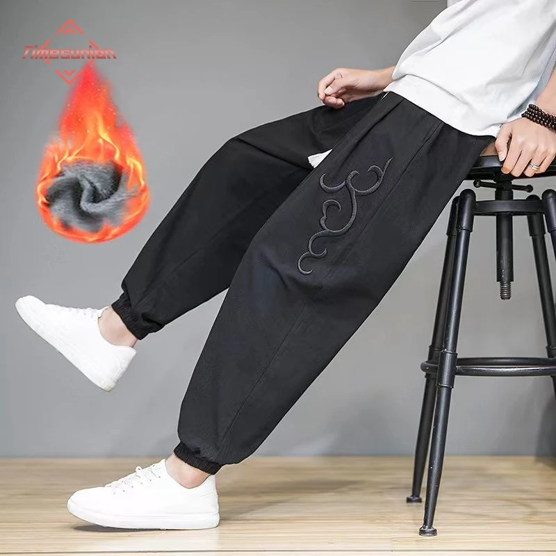 

Fleece Winter Pants Men Thickened Harlan Loose Fit Big Size Nine Points Lantern Pants Casual Embroidery Streetwear Trousers