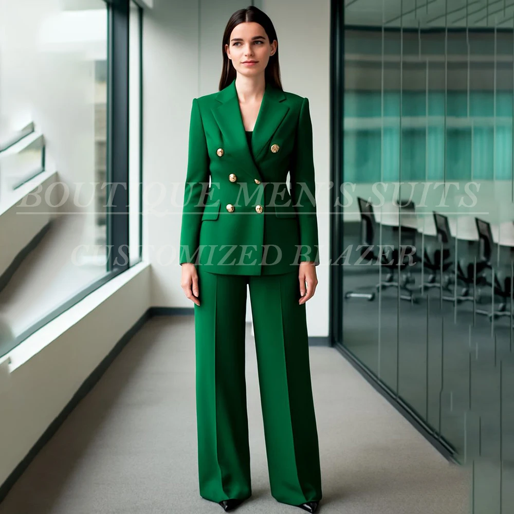 

Luxury Green Women's Suits Formal Double Breasted Peak Lapel 2 Piece Jacket Pants High Quality Female Clothing Outfits Costume