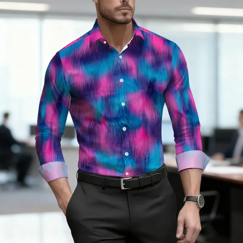 2026 New Men's Shirt Personalized Printed Shirt Gradient Color Design Trendy Versatile Business Casual Two Wear Top XS-6XL