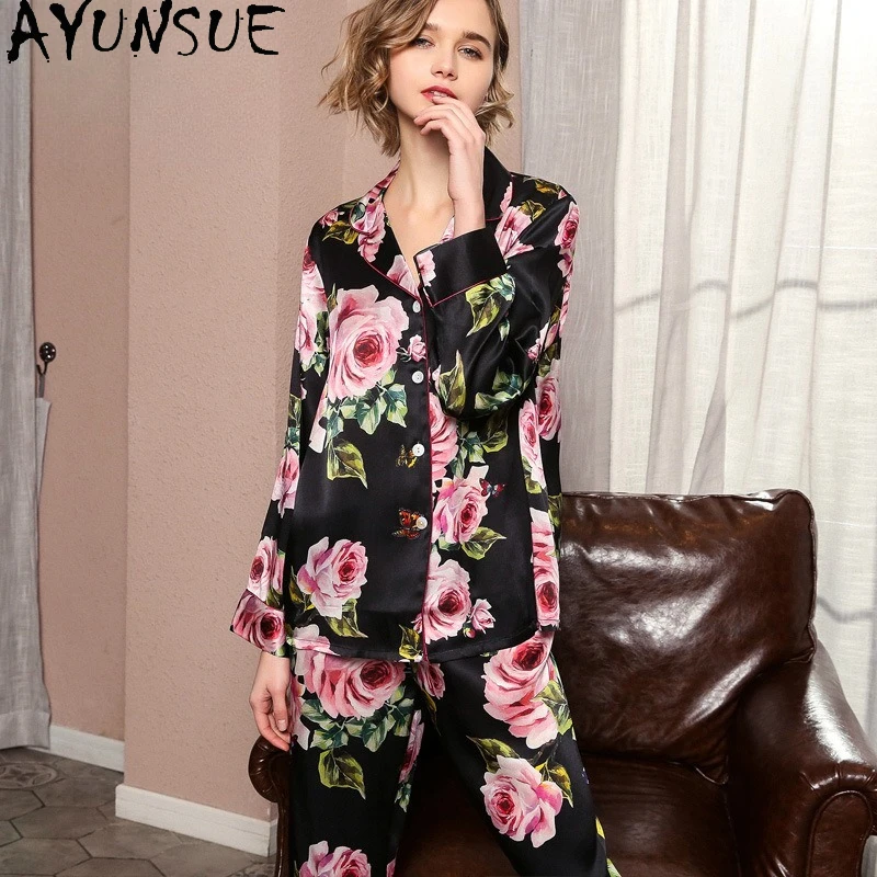 AYUNSUE 16Mm 100% Mulberry Silk Sleepwear Women 2026 Spring Summer Women's Home Clothes Pajama Set Long Sleeve Top Casual Pants
