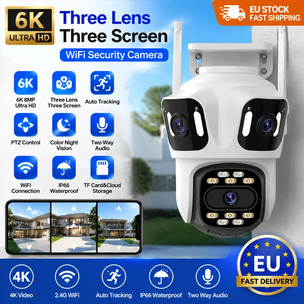 Drei-Objektiv-PTZ-IP-Außenkamera: 6K HD, 4K Dual-Lens-CCTV mit drei Bildschirmen, WLAN + Auto-Tracking-Sicherheitsüberwachung