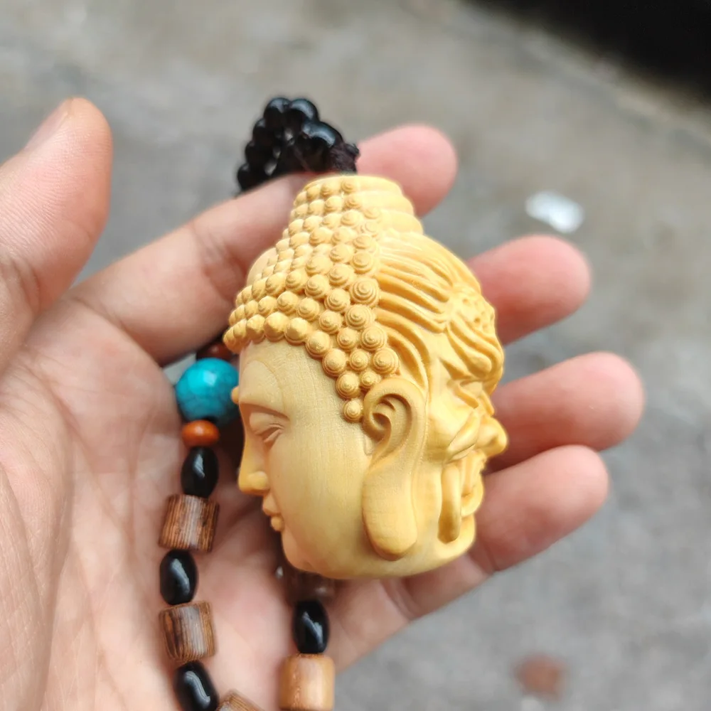 Boxwood Hand‑Carved Buddha‑Demon Hand‑Piece Pendant, One‑Thought Good‑Evil Buddha‑Head Figurine Ornament For Collection