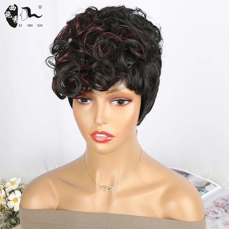 Short Mixed Black Burg Curly Hair Synthetic Wig With Bangs For Black Women Heat Resistant Fiber Natural Straight Wavy Mommy Wigs