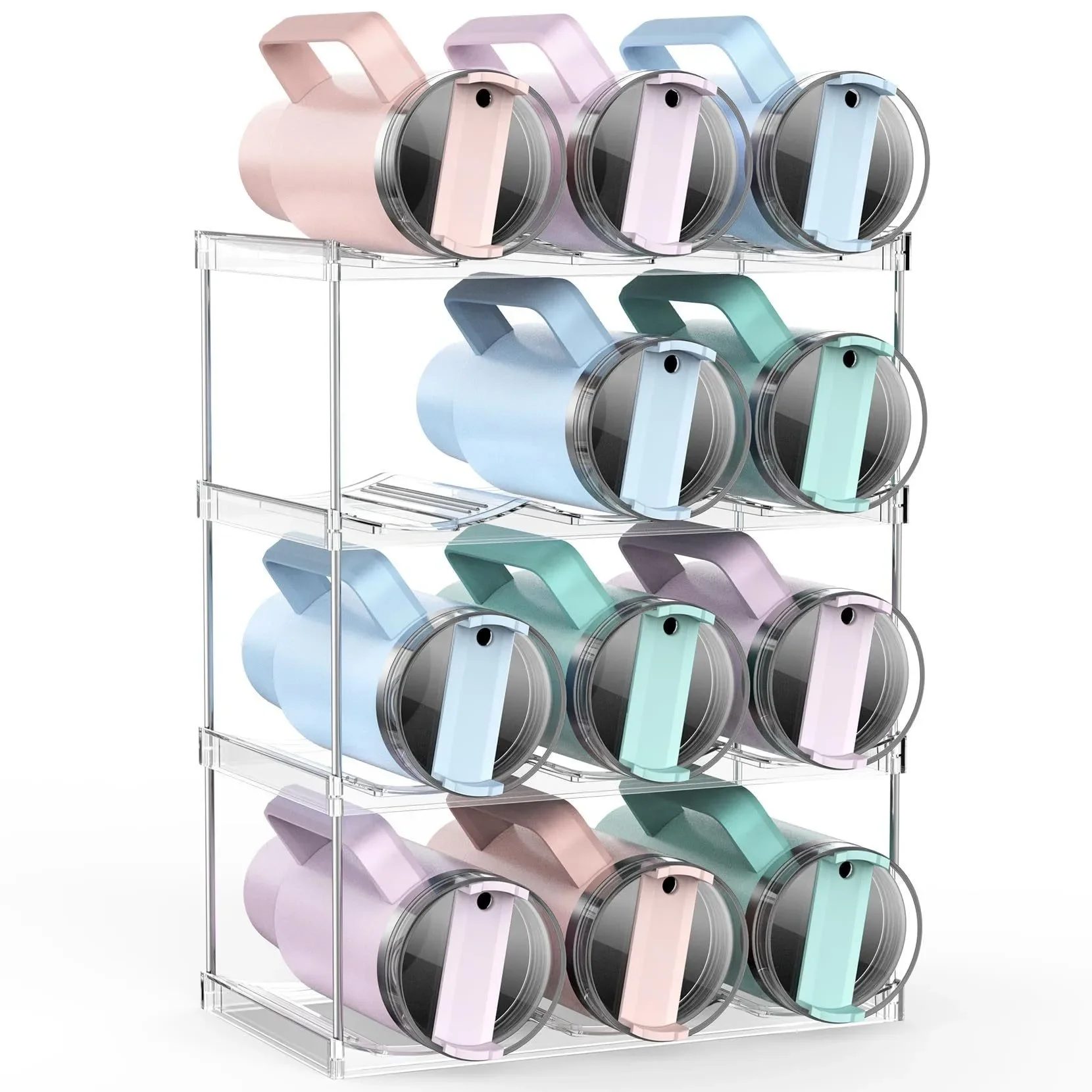4 Tier Hold 12 Upgraded Larger Water Bottle Organizer Stackable Tumbler Holder for Cabinet Kitchen Storage