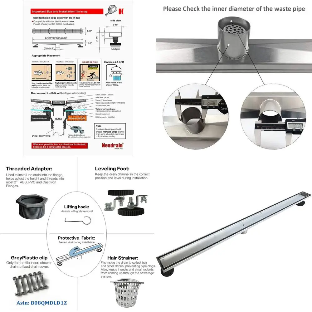 

Линейный душевой трап 40 дюймов с вставкой под плитку, решетка из матовой нержавеющей стали, комплект для выравнивания в комплекте