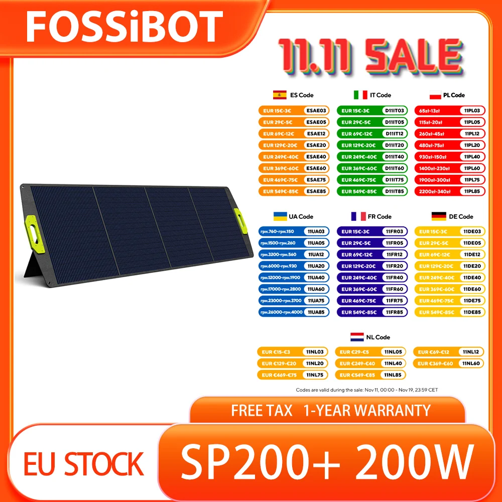 Panneau solaire pliable FOSSiBOT SP200+ 200 W, haute efficacité de conversion 23,4%, vert, pliable et portable, durable et étanche