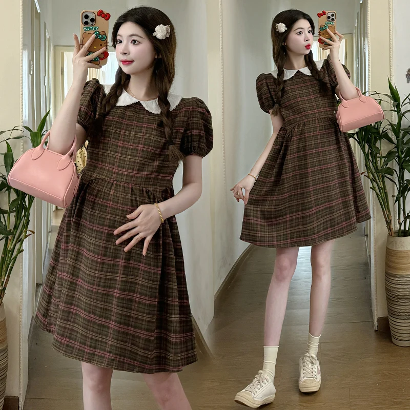 

2024 Summer Maternity Plaid Dress Vintage Peter Pan Collar Preppy Style Pregnant Woman Mini Dress Short Pregnancy A-line Dresses