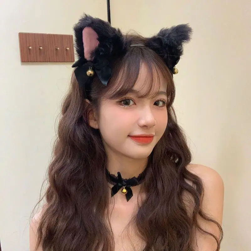 

Plush Lace Cat Ears Bell Headband For Women Lace Bow Necklace Plush Bell Hairband Cosplay Masquerade-Party Hair Accessor