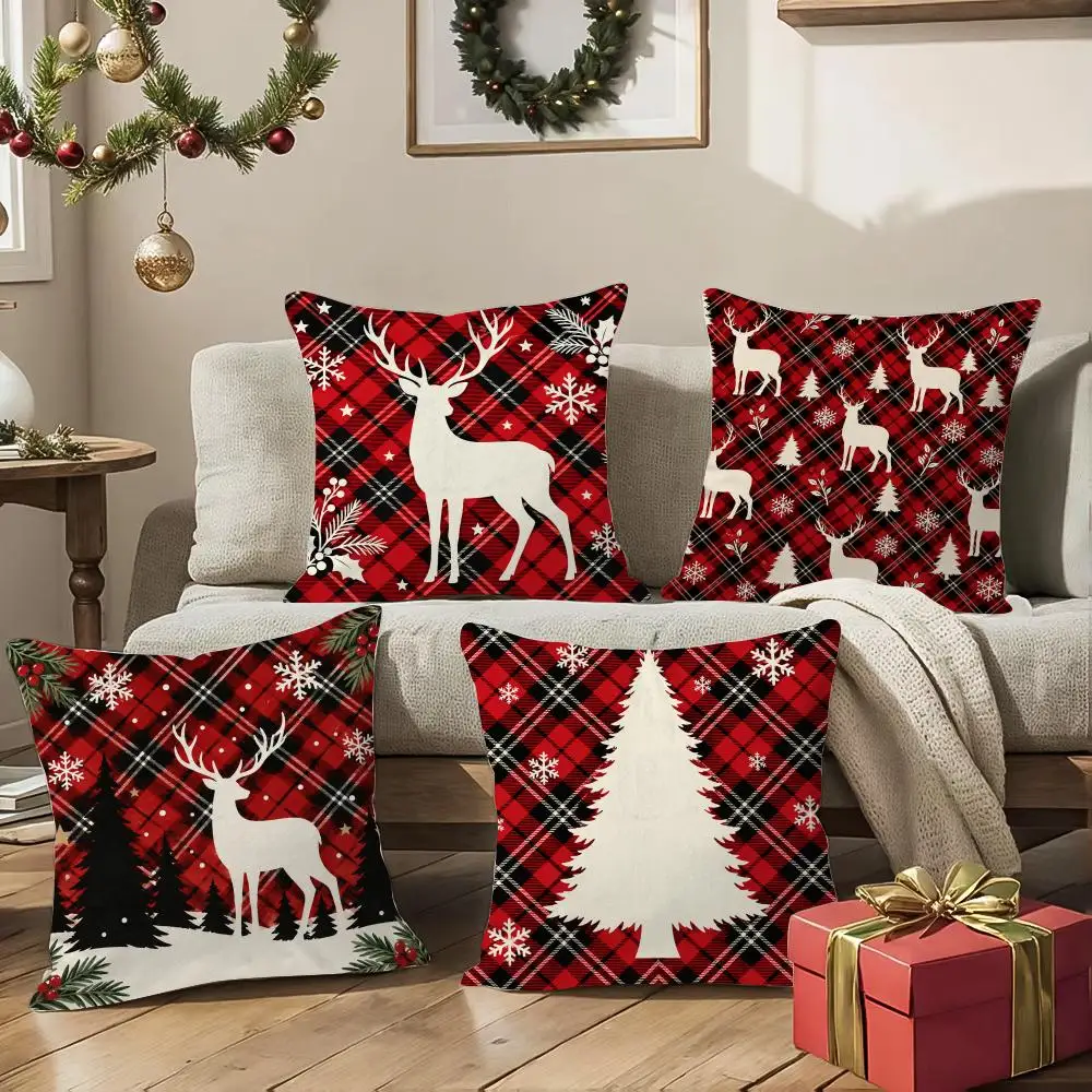 Festive Christmas Tartan Cushion Cover Square Decorative Sofa Pillow Case Bedroom Living Room Home Decor Gift