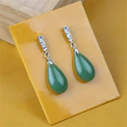 Natural White Green Jade Water Drop Stub Earring for Woman Trendy Stone Jade Dangle Earrings Vintage Party Bridal Jewelry Gift