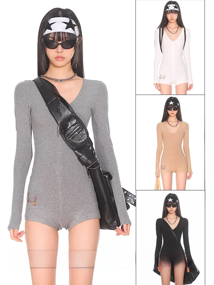 

UNCMHISEX Basic Kardaian 44 Color Diamond Sexy V-ne Zipper Knitted Slimming Long Sve One-piece ort Pants mid Waist