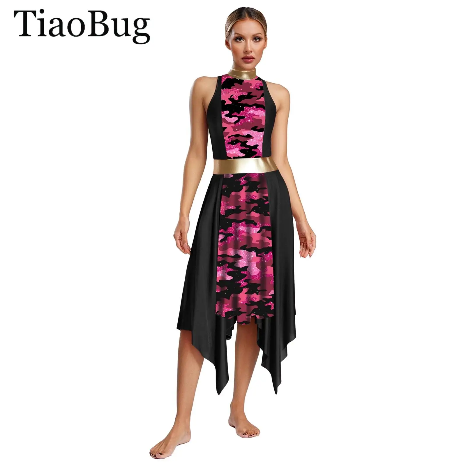 

Women Women Ballet Lyrical Dance Dress Sleeveless Print Patchwork Asymmetrical Liturgical Praise Worship Dress Choir Dancewear