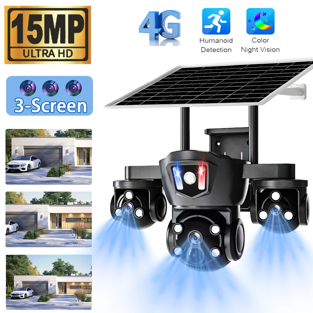 

4G Sim Solar Camera Triple Lens Triple Screen 15MP 8K 10X PTZ 360° Motion Detection Night Vision Security Monitor IP Cameras