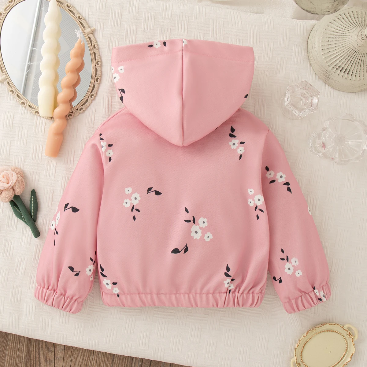 Baby Girl Coat Spring And Autumn Solid Color Flower Pattern Hooded Zipper Baby Tops Cute And Casual Warm Baby Outerwear