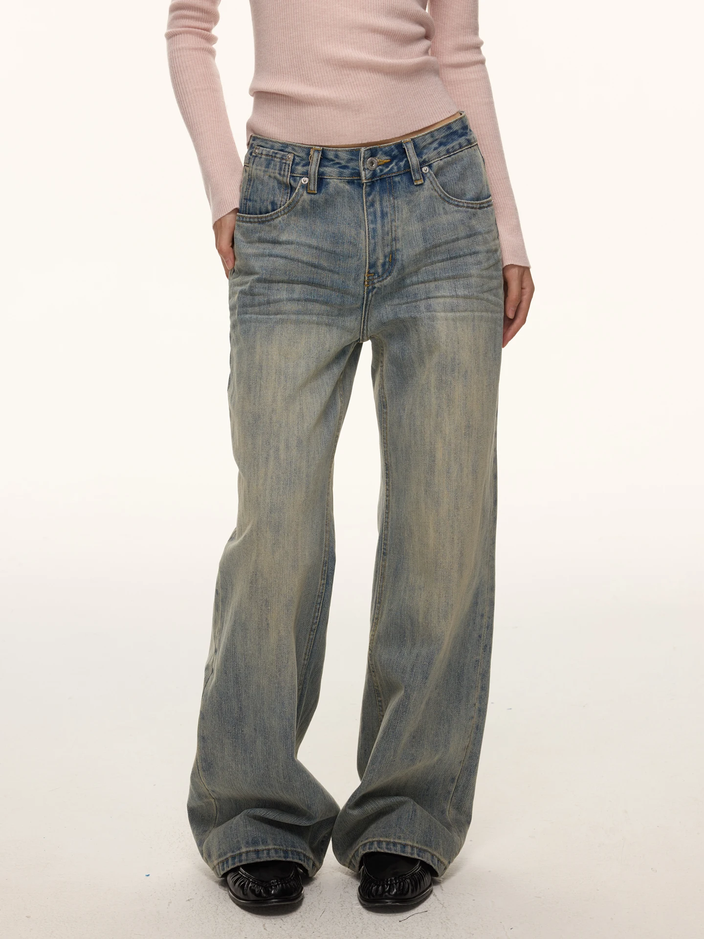 

Nova B American High Street Washed Denim Bamboo Node Pattern Cleanfit Vintage Jeans Straight Leg Micro Flared Pants