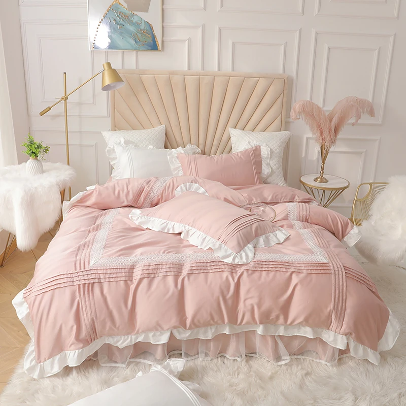 Pink Princess Lace Bedding Set Home Textile 4pcs Egyptian Cotton Ruffle Duvet Cover Bedspread Bed Skirt Pillowcase Solid Color