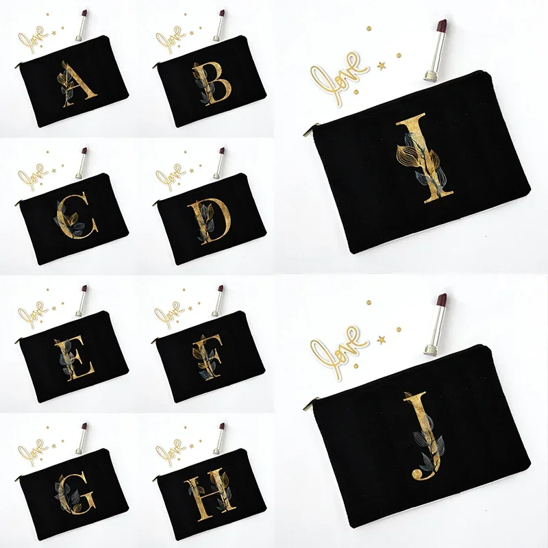 Gold Letters and Fallen Leaves Women Cosmetic Bag Make Up Bag Cosmetic Organizer Make Up Bag Lady  Brushes Bag Travel Wash Pouch