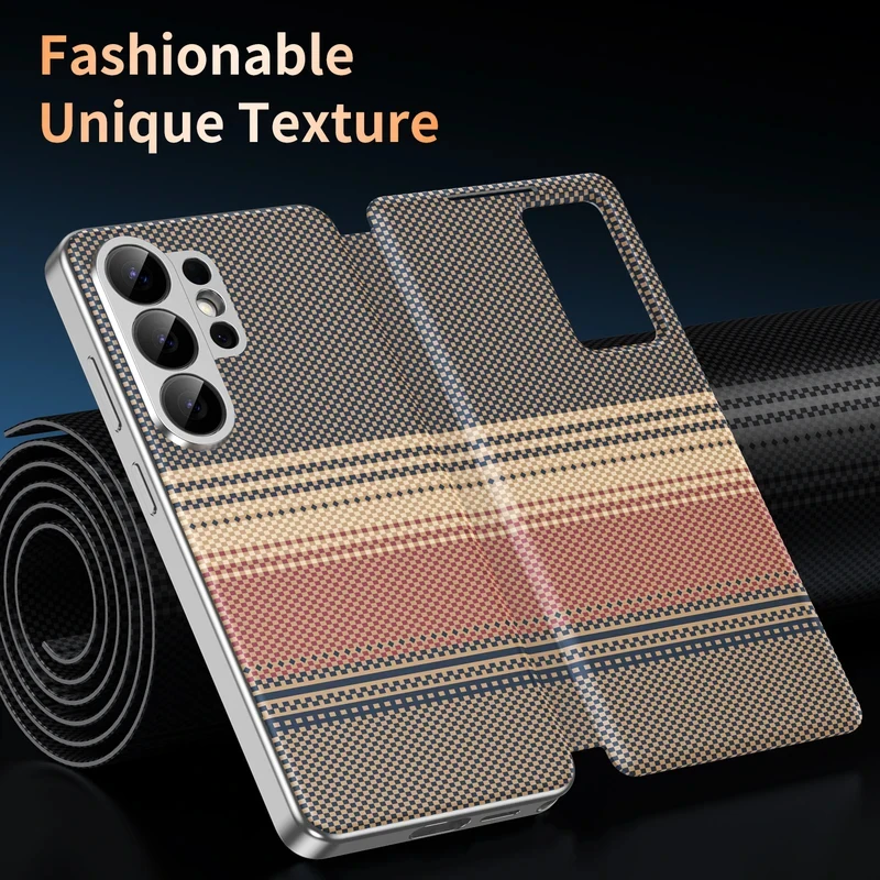 Luxury Smart View Window Flip Case For Samsung S26 S25 Ultra Plus Textured Leather Kevlar Pattern Card Slot Cover