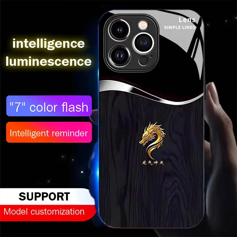 

Luxury Wood Grain Dragon LED Light Glow Luminous Tempered Glass Phone Case For iPhone Air 17 16 E 15 14 13 12 11 pro Max plus