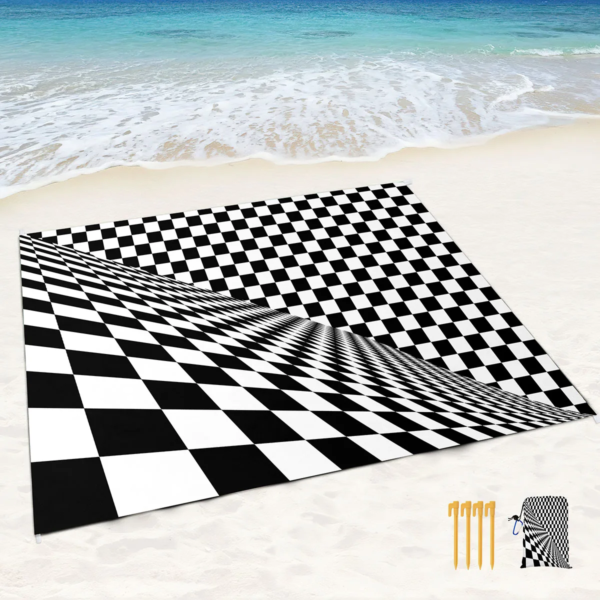 Waterproof Beach Sandproof Blanket,Black And White Checkerboard Lightweight Beach Mat Blanket for Summer Travel,Camping,Picnic