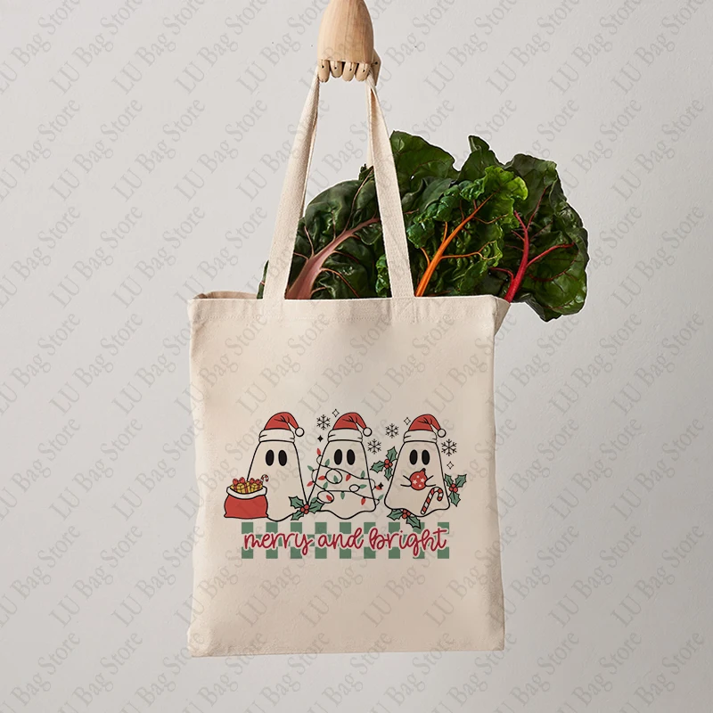 Merry and Bright Ghost Christmas Elements Pattern Canvas Tote Bag Best Gift for Halloween and Christmas Women Shopping Bags