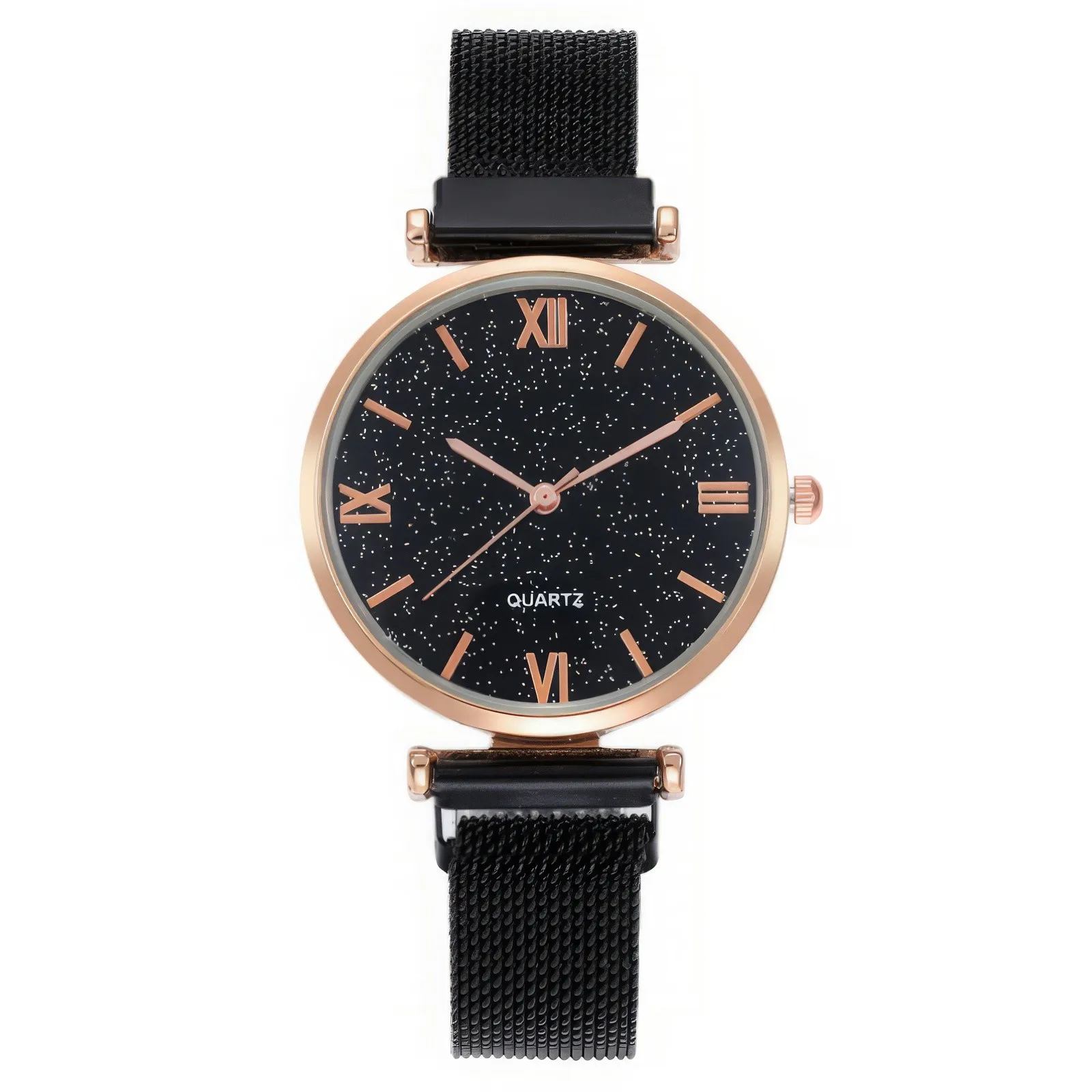 

‌ Черный небесный циферблат, золотые римские цифры, сетчатый ремешок, женские кварцевые часы, элегантная мода, осень 2024, новый модный подарок на праздник