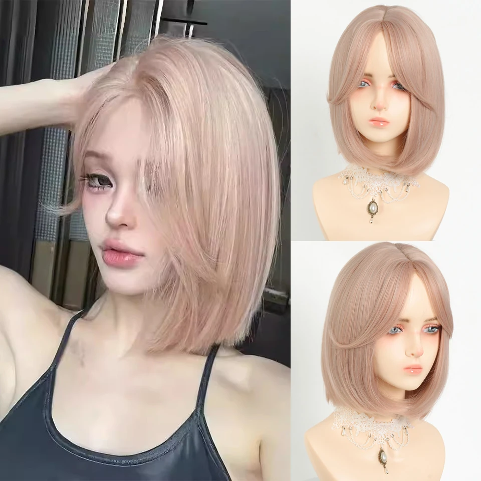 

Pink Gold Short Straight Hair Wave Head Synthetic Wig Divided Into Eight Bangs Short Hair Lolita Party Wear.