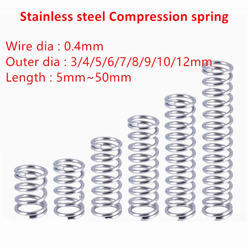 Ressort de compression en acier inoxydable 0.4, diamètre du fil 304mm, OD = 3mm, 4mm, 5mm, 6mm, 8mm, 10mm, 12mm, outils d'entretien ménager, accessoires, 50 pièces