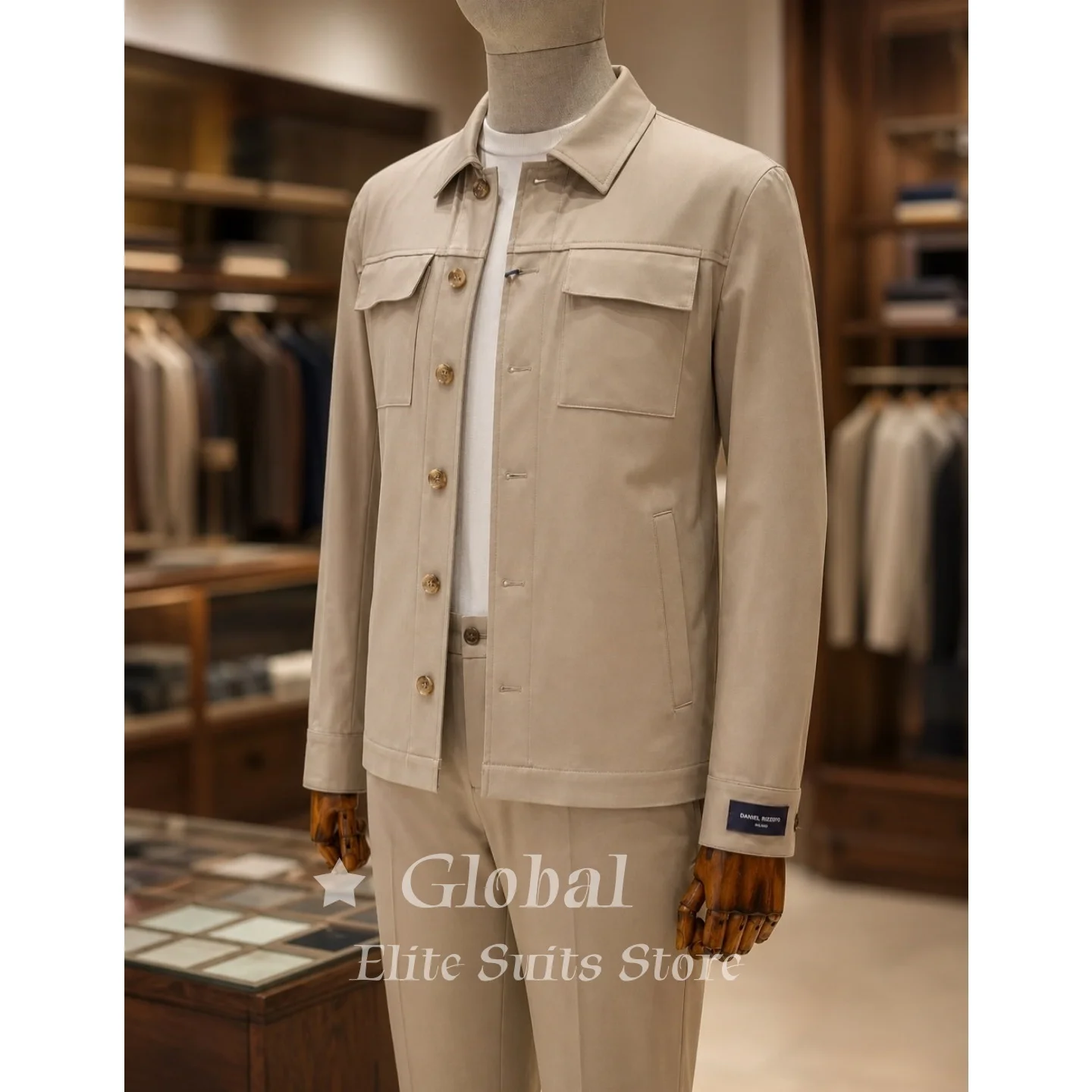 Mens Beige 2 Piece Casual Suit With Utility Style Jacket And Trousers Smart Casual Street Vibe Formal Wedding Customized