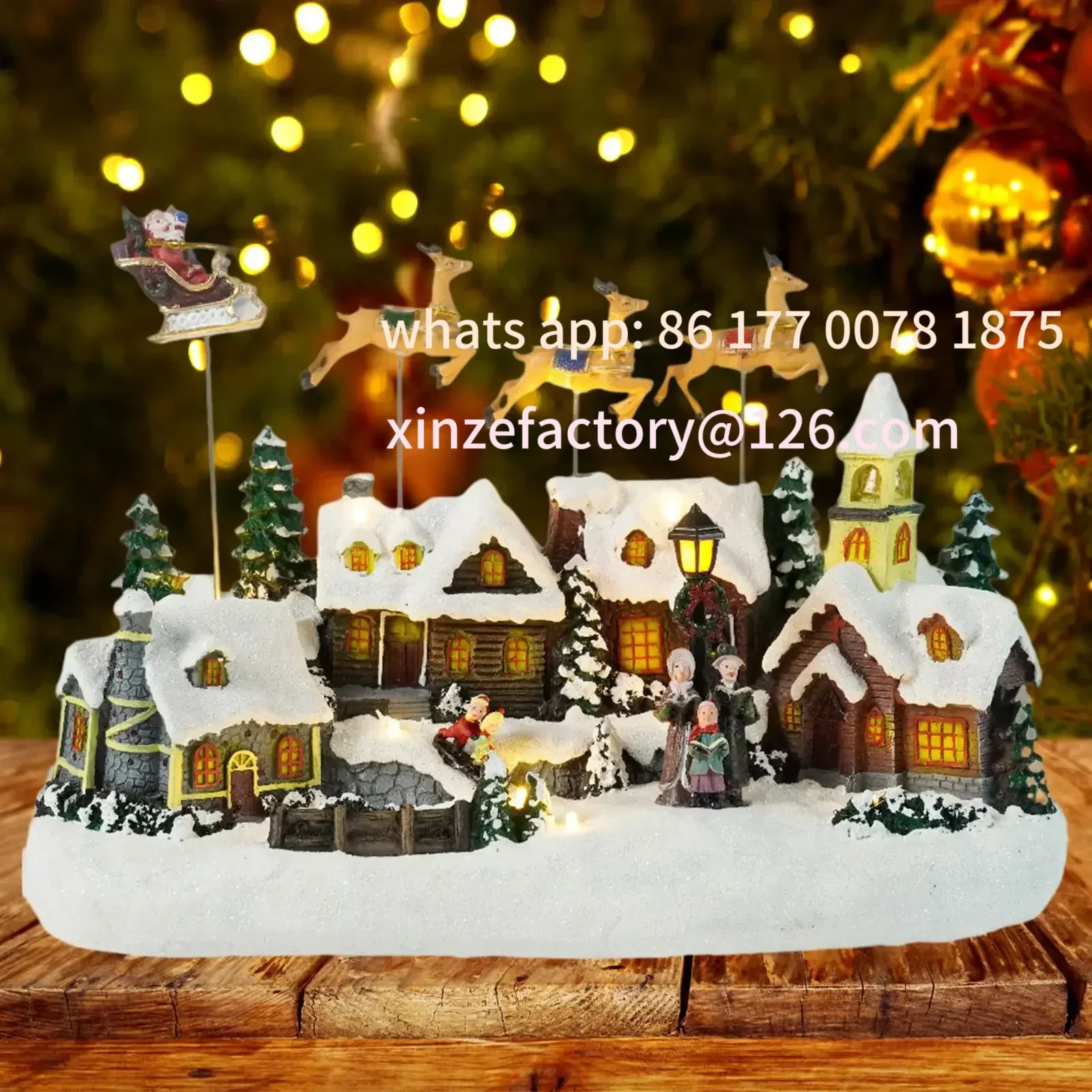 Рождественские снежные вилки, домики, музыкальные лоси, тянет Санта в санах, разноцветные огни, светящиеся настольные коллекционные здания