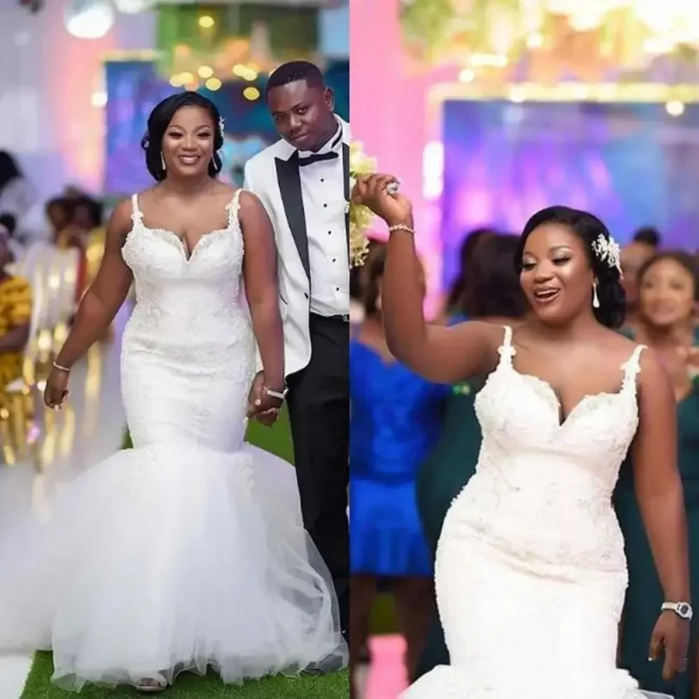 تخصيص السباغيتي الأشرطة حورية البحر فساتين الزفاف عارية الذراعين زين الدانتيل حجم كبير زي العرائس فستان الزفاف البوهيمي 2021