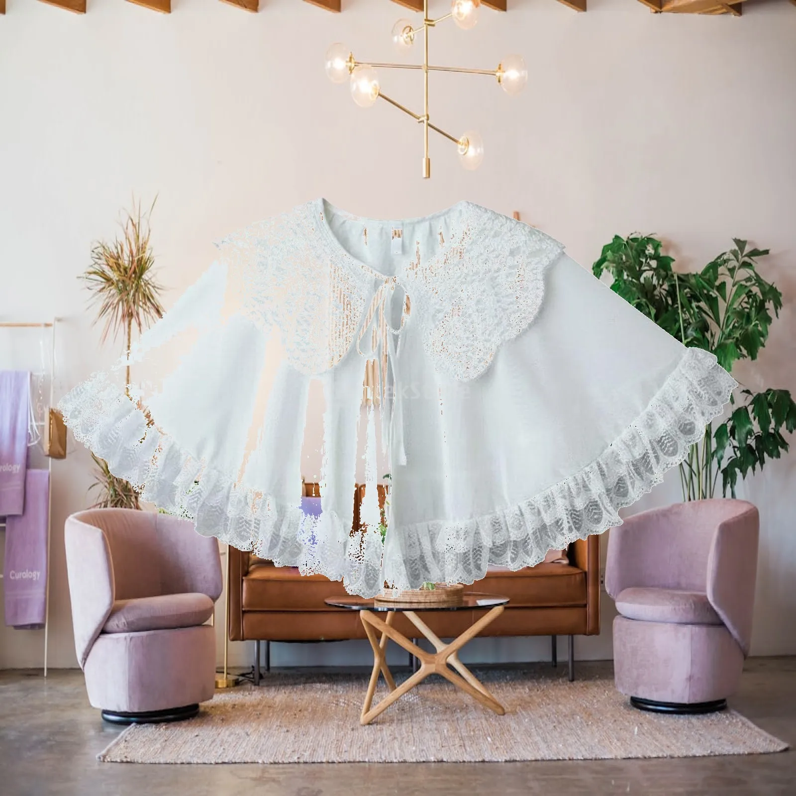 Ruffle Trim Shawl Lightweight White Lace Capelet Ruffled Hem for Wedding, Brides