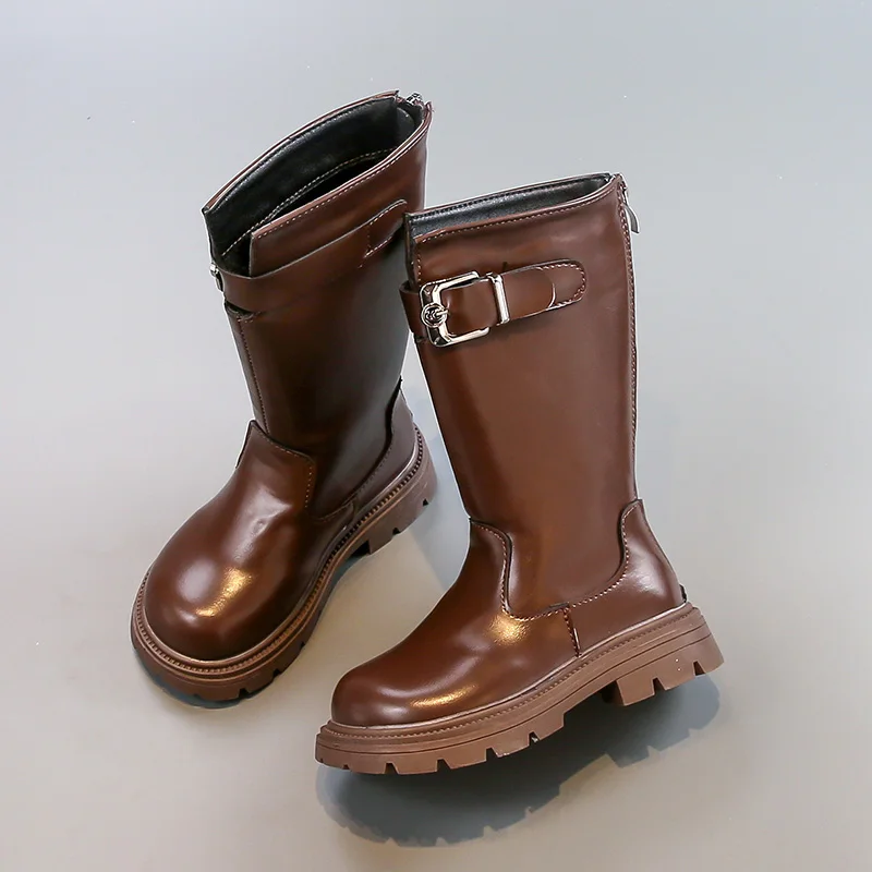 

Классические детские кожаные ботинки на платформе, новые зимние модные простые высокие сапоги для девочек, подиумные черные, коричневые детские повседневные хлопковые сапоги