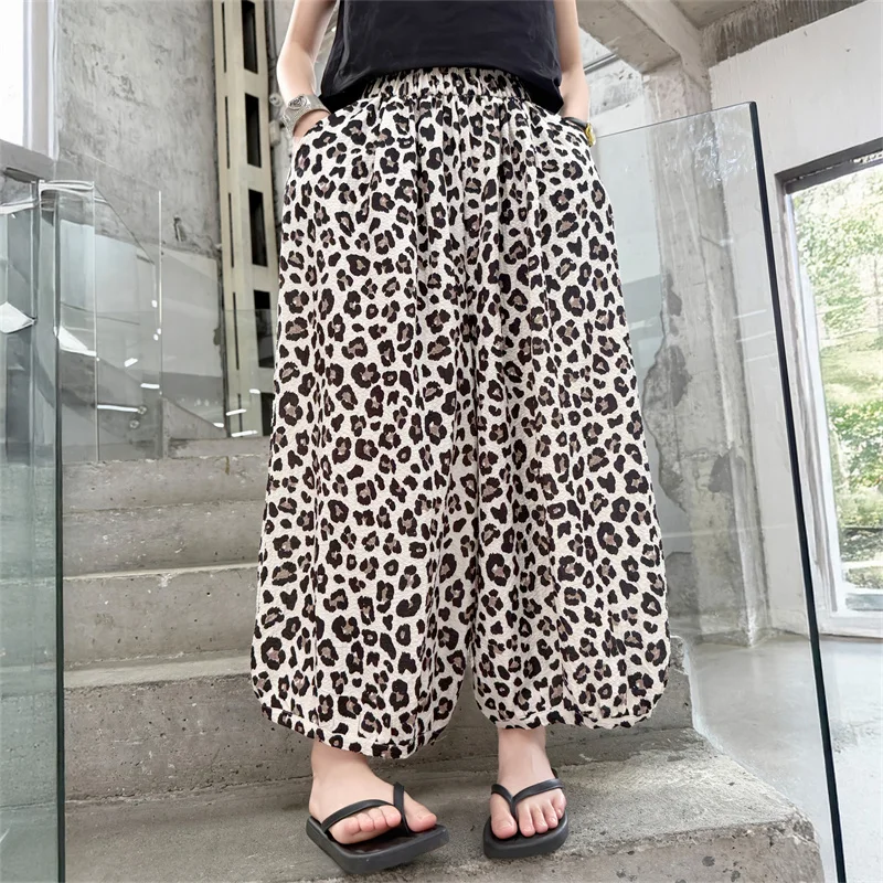 Children Summer Leopard Anti-Mosquito Ankle-Length Pants for Tweens Girl Flowy Trousers Thin Style Cropped Sweatpants Age 5-14 Y