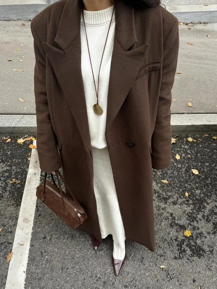 

Women Brown Lapel Woolen Long Coat Fashion Full Sleeve Single Breasted Loose Jacket Chic 2025 Lady Autumn Winter Daily Outerwear